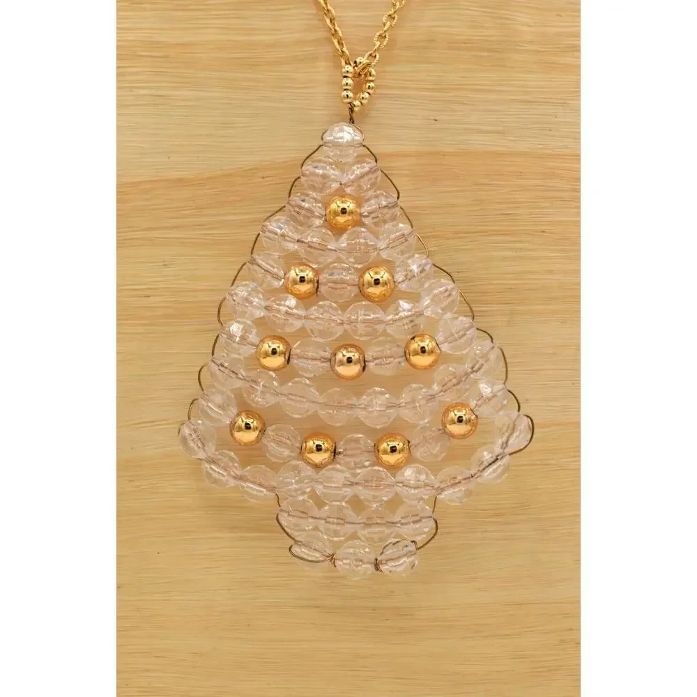 Vintage Beaded Christmas Tree Pendant Necklace Lucite Beaded Clear 1990s BinBD